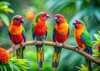 Obraz premium Colorful Talking Birds Perched on Branches Engaging in Communication in a Lush Green Environment