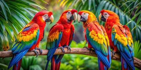 Fototapeta premium Colorful Talking Parrots Perched on Branches Engaging in Conversation in a Lush Tropical Setting