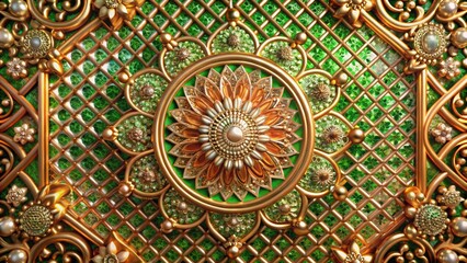 Intricate gold and green pattern with a floral design in the center.