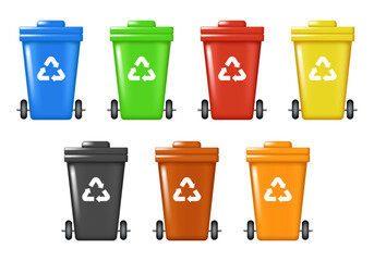 Recycling Bins. Containers for different types of garbage. Containers of different colors. Set of vector 3D illustrations