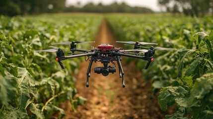 A black drone with red accents flies between rows of crops in a field.