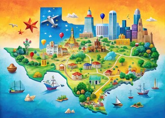 Colorful Texas Map Illustration Highlighting Major Cities, Landmarks, and Natural Attractions of State