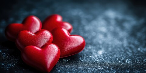 Fototapeta premium Red heart shapes on a dark background, symbolizing love and affection.