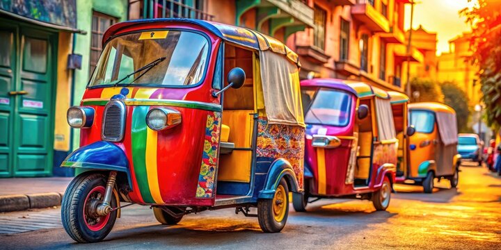 Colorful three-wheeler auto parked on a vibrant street showcasing urban transport in action