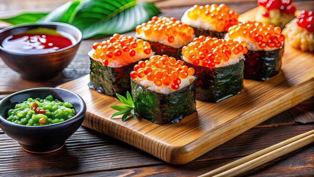 Colorful Tobico Fish Roe on Sushi with Fresh Ingredients and Dipping Sauce in a Traditional Setting