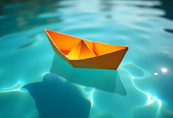 Fototapeta premium Origami Paper Boat Floating on Turquoise Water Beautiful Reflection Orange Craft