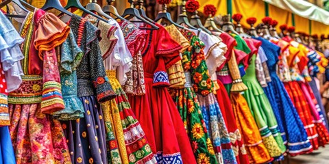 Fototapeta premium Colorful Traditional Spanish Outfit Displayed on Hangers at a Cultural Festival or Market Event