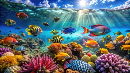 Colorful Tropical Fish Swimming in Clear Blue Ocean Waters Underneath Bright Sunshine and Coral Reef