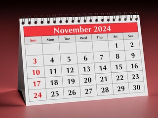 November 2024 calendar. One page of annual business desk monthly calendar