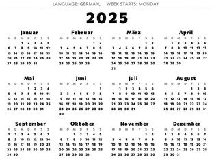 2025 year GERMAN calendar - kalender. Vector illustration for Germany
