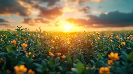 Fototapeta premium A field of yellow wildflowers in the foreground with a bright sunset and a cloudy sky in the background.