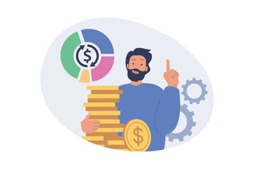Business and finance concept in modern flat design for web. Businessman analyzing financial diagrams and calculating coins budget, making success investments, developing career. Vector illustration.