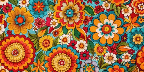 Colorful vintage 70s fabric pattern with bold floral and geometric designs for retro home decor projects