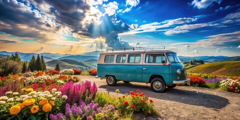 Colorful vintage van parked in a scenic landscape with flowers and a bright blue sky backdrop