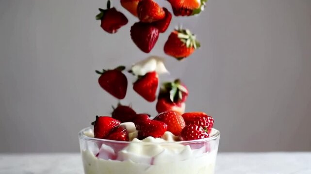 Strawberries fall on top of the yogurt