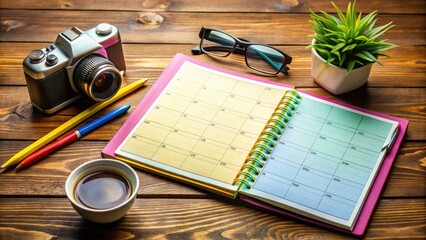 Colorful weekly planner schedule with organized tasks, notes, and reminders on a wooden desk background