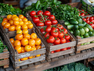 Colorful display of fresh produce at a market featuring ripe tomatoes, vibrant oranges, and green cucumbers.