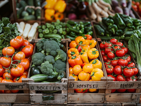 Colorful display of fresh vegetables including tomatoes, bell peppers, and broccoli at a local market.