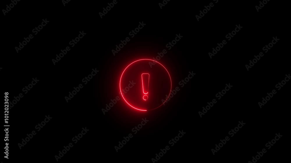 Poster neon glowing exclamation mark symbol icon animation with red neon circle. circle rotation exclamatio