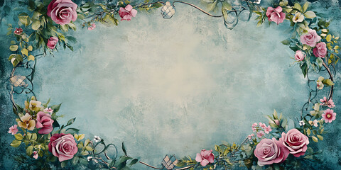 Alice in Wonderland themed watercolor floral frame on grunge diamond Victorian background, watercolor, floral