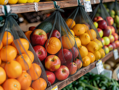 Vibrant fruits displayed in mesh bags, showcasing a variety of oranges and red apples in a market setting.