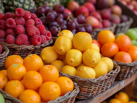 A vibrant display of assorted fruits, featuring yellow lemons, orange oranges, and red raspberries stacked in baskets.