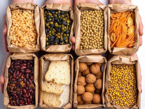 Human hands holding eight boxes of assorted grains and legumes on a light background.
