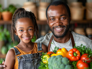A joyful Black father and daughter holding a basket of fresh vegetables, showcasing their love for healthy living.