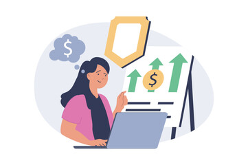 Business concept in modern flat design for web. Businesswoman analyzing financial report, developing project with safe income and balance growth, creating company strategy. Vector illustration.