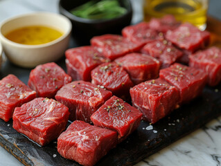 Freshly cut premium beef cubes arranged on a wooden board with seasoning and oil for marinating.