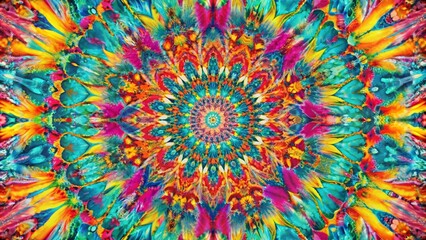 Obraz premium Vibrant symmetrical kaleidoscope pattern with intricate details and bright colors.