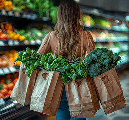 Woman carrying eco-friendly bags filled with fresh vegetables in a vibrant grocery store.