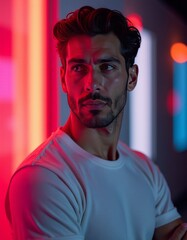 Portrait of serious young arab man in white t-shirt posing and looking away in neon light middle eastern businessman