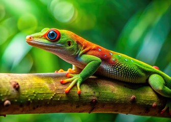 Fototapeta premium Common Gecko Relaxing on a Branch in a Lush Green Environment Under Natural Sunlight