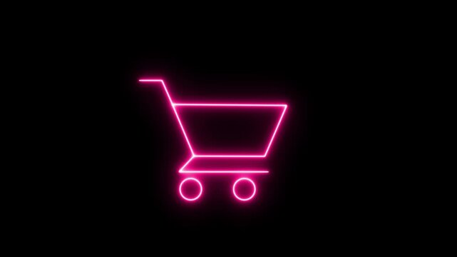Neon shopping cart icon, colorful glowing supermarket trolly moving animation. neon icon animation on black background.