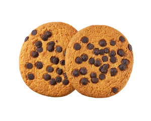 Two chocolate chip cookies isolated, top view. Round chocolate chips  isolated on white background, top view.
