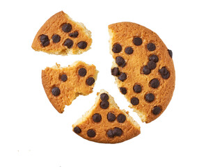 Broken chocolate chip cookies isolated on white background, top view.