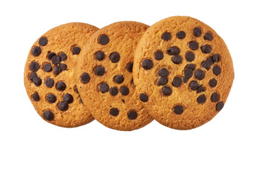 Chocolate chip cookies isolated. Round chocolate chip cookies isolated on white background, top view.