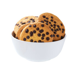 Cookies with chocolate chips in a ceramic bowl isolated on white background.