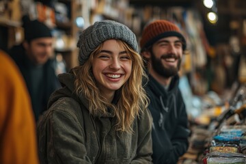 A young woman with a warm smile and a beanie sits beside a man wearing a beanie, both look happy and joyful in a store.