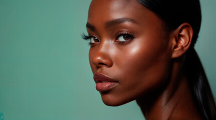 Fototapeta premium Beautiful African American woman with flawless skin and natural makeup, side profile portrait against teal background, showcasing beauty, confidence, and elegance