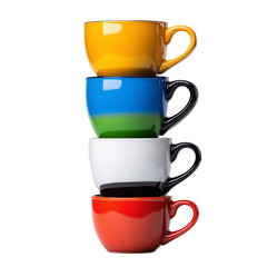 Stack of six colorful ceramic mugs arranged in vertical order on transparent background