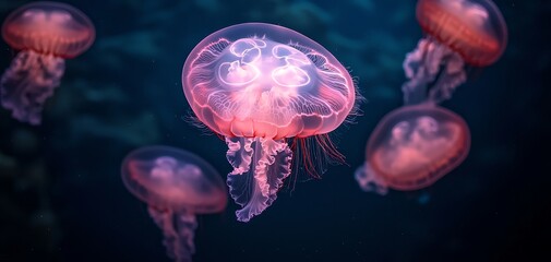 Fototapeta premium Ethereal Pink Jellyfish Dance in Dark Depths - Tranquil Underwater Beauty, Closeup Exploration of Delicate Sea Creature, Oceanic Mystery and Grace - Ideal for Marine Education and Nature Art