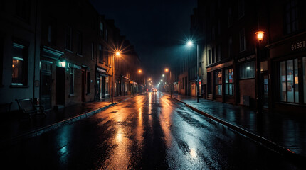Deserted urban street at night, illuminated by streetlights, reflecting on wet pavement after rain, creating moody atmosphere in small town