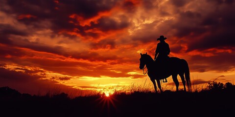 Silhouette of a rider on a horse against a vibrant sunset sky.