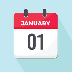 01 January Daily Calendar Icon 3d style red and white with light green background