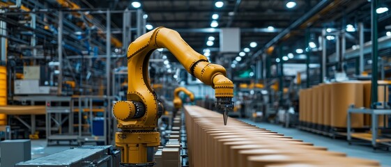 Dynamic Yellow Robotic Arm in Industrial Automation Factory, Futuristic Technology Concept