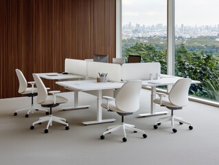 Fototapeta premium Sophisticated Modern Office Workspace with Panoramic City View, Minimalist Design, and Efficient Layout for Professional Productivity