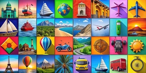 Comprehensive Travel Icon Set Featuring Symbols for Adventure, Exploration, Transportation, and More