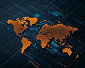 Obraz premium Futuristic Orange Dot World Map on Digital Grid - Global Technological Data Visualization Concept
